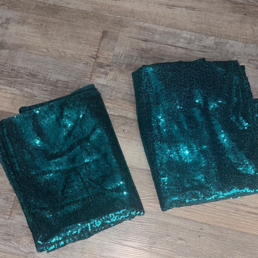 2 Elegant Teal Sequin Fabric Table Cloth